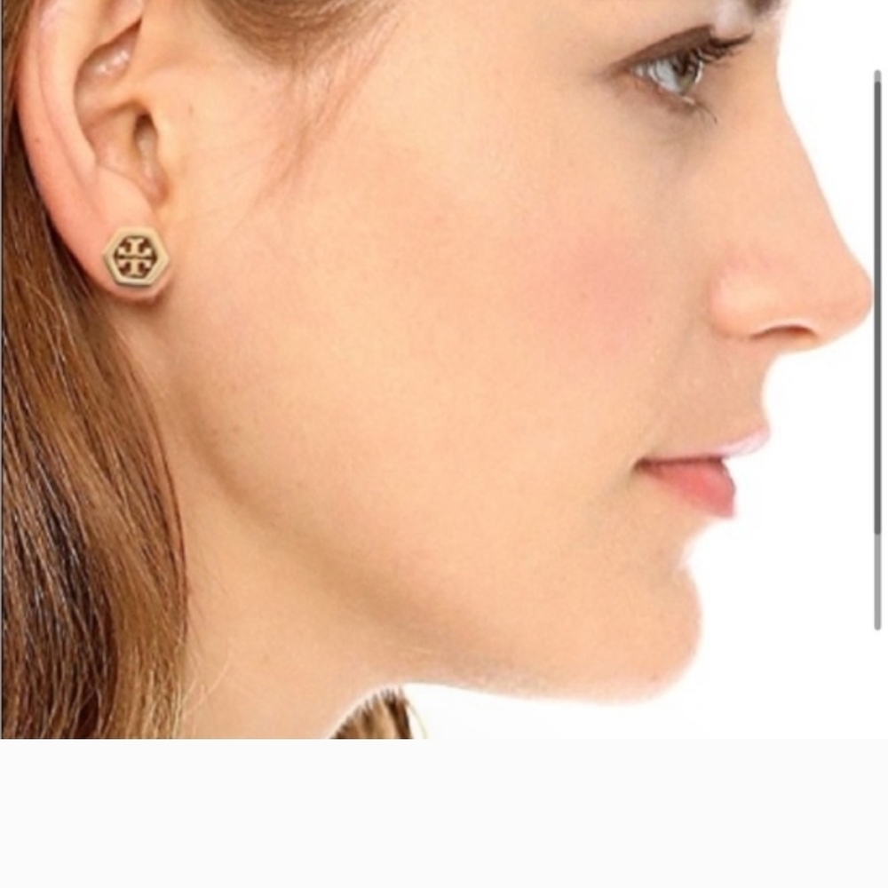 Tory Burch Gold Hexagonal Logo Stud Earrings - Polished Gold Tone - Picture 2 of 9